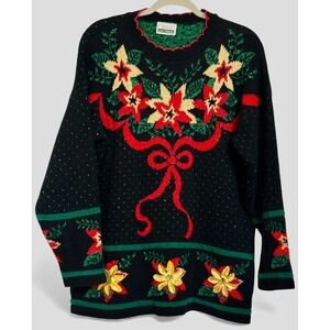 VTG ADELE KNITWEAR‎ SWEATER POINSETTIA GLITTER CHRISTMAS HOLIDAY RETRO XL